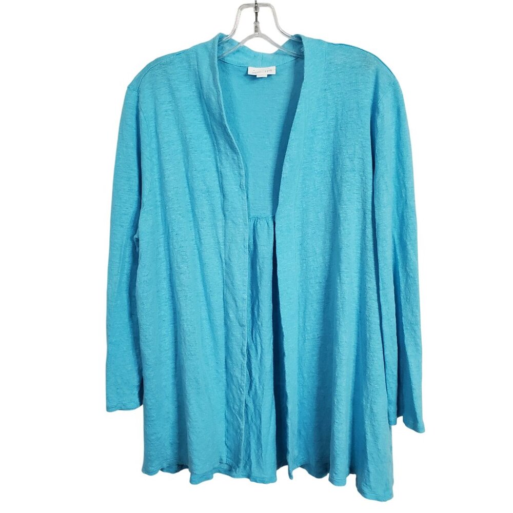 J Jill Love Linen Size XL Cardigan Open Front 100% Linen Shirred Back Turquoise - Picture 2 of 10